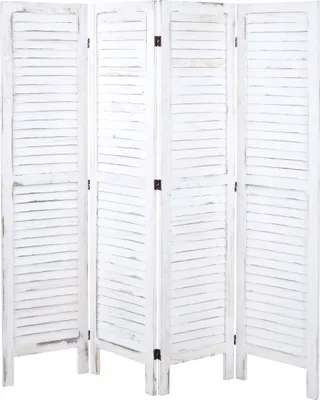 A white, four-panel room divider with a slatted design.