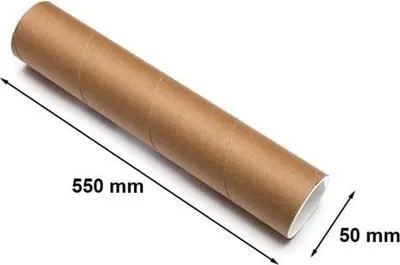 A cardboard tube with dimensions indicated.