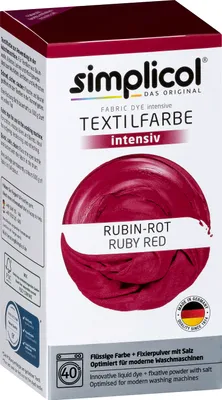 A box of Simplcol fabric dye in Ruby Red.