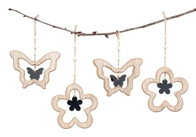 Produktbild von 4er Set Deko Anhänger Schmetterling Blume MDF Holz Natur Hängedeko Frühlingsdeko Deko-Anhänger