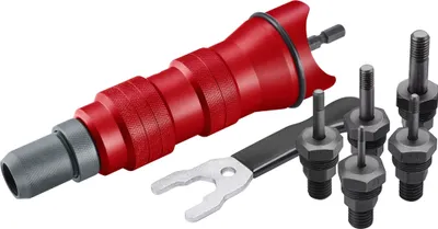 A set of tools for attaching rivets to a drill.