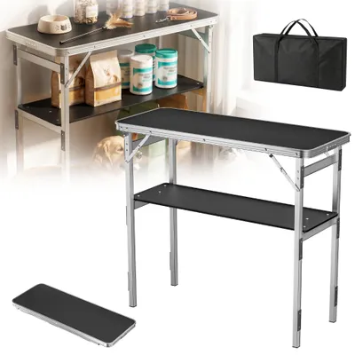 Obrázok produktu pre XINZI Skladacia výstavná pultová zostava, 98×38×85 cm, hliníková konštrukcia, 2 odkladacie plochy, MDF, prepravná taška, poťah z Oxfordu, barový pult vhodný na výstavy, trhy a kemping