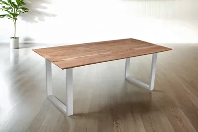 Produktbild von Esstisch 200x100 cm Akazie massiv eichenfarben schweizer Kante U-Gestell silber DEAN