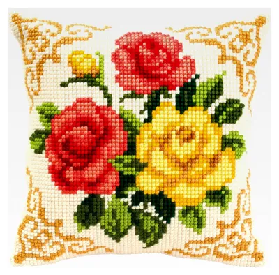 Produktbild von Kreuzstich Kissen Stickerei Set für Anfänger, vorgedruckt mit Blumen, DIY Set für Erwachsene, dekoratives Kissen ca. 40 x 40 cm, Bastelset für Handwerker und Hausdekoration