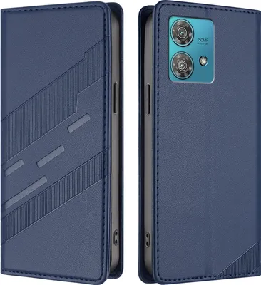 A blue flip case for a smartphone, shown from two angles.