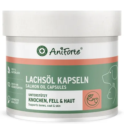 Produktbild von AniForte Lachsöl Kapseln für Hunde & Katzen 500 Stück – wertvolles Omega-3 Fischöl & Vitamine für Stoffwechsel, Knochenaufbau & glänzendes Fell