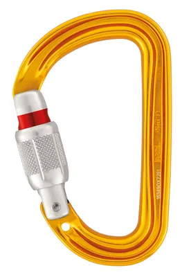 A single, yellow carabiner with a screw-lock mechanism is shown against a white background.