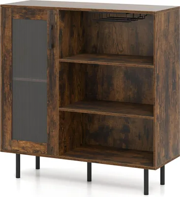 Produktbild von GOPLUS Sideboard, Weinschrank Holz mit in 5 Positionen verstellbarem Regal & offenen Fächern, Küchenschrank mit Metallbeinen & Glashaltern, für Küche
