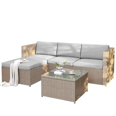 Produktbild von Polyrattan Lounge-Sofagarnitur, Lounge-Gartenmöbel, Ecksofa, Couchgarnitur mit Sitz- und Rückenkissen, Lounge-Tisch mit Glasplatte, Khaki