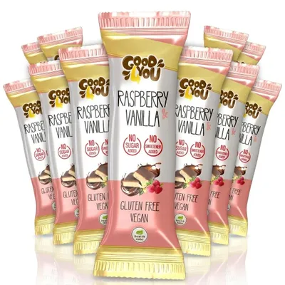 Produktbild von 10x25g Himbeere Vanille Schoko Riegel / ohne Zuckerzusatz / vegan Schokolade / glutenfrei