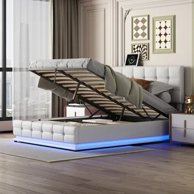 Zdjęcie produktu dla Fortuna-Lai łóżko tapicerowane Toulouse 140x200 cm z oświetleniem LED, podstawą łóżka i stelażem listwowym - pokrycie ze sztucznej skóry - łóżko młodzieżowe - łóżko do przechowywania - biały