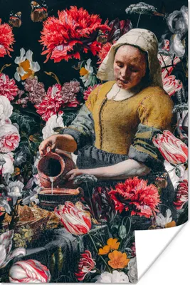 Produktbild von MuchoWow® Poster Milchmädchen - Johannes Vermeer - Blumen - Rosa 40x60 cm - Plakate für die Wand - Poster Babyzimmer