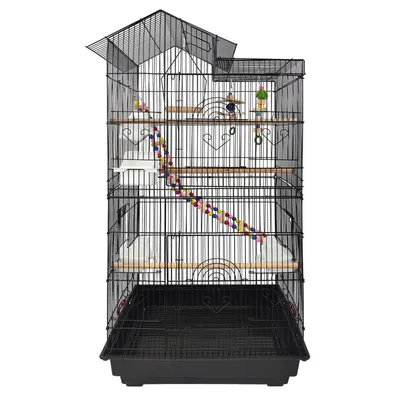 Produktbild von UISEBRT Vogelkäfig mit Vogeltreppe, 4 Futtertrog und Spielzeug, 46 x 35,5 x 99 cm, Schwarz – Ideal für Papageien, Sittiche und Vögel