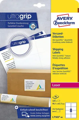 Imagen del producto de Avery Zweckform® L7165-40: Etiquetas para envíos, 99,1 x 67,7 mm, blancas, 320 etiquetas/40 hojas, adhesivo permanente, para sobres B4/C4