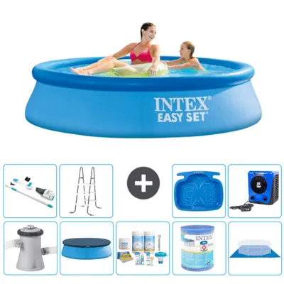 Produktbild von Intex runder aufblasbarer Easy Set-Schwimmpool – 244 x 61 cm – Blau – inklusive Pumpe Abdeckung - Wartungspaket - Filter - Bodenplane - Staubsauger - Leiter