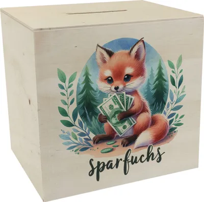 Produktbild von Babyfuchs Spardose aus Holz mit Spruch Sparfuchs