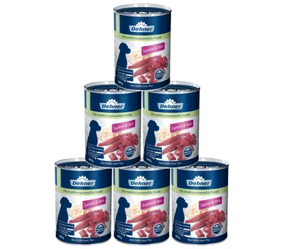 Produktbild von Dehner Premium Hundefutter Sensitive, Nassfutter zuckerfrei / getreidefrei, für ausgewachsene ernährugssensible Hunde, Lamm / Reis, 6 x 400 g Dose (2.4 kg)