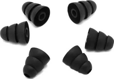 Six black silicone earbud tips arranged in a circular pattern on a white background.