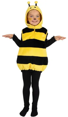 Kind im gelb-schwarzen Bienenkostüm mit Kapuze, kleinen Fühlern und flauschiger Tunika.