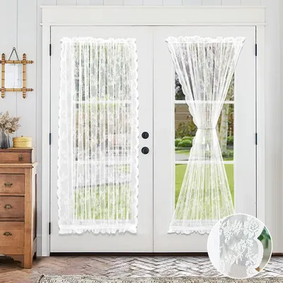 Produktbild von Französische Türvorhänge aus Spitze Halbtransparenter Blumenmuster Sichtschutz-Voile-Vorhänge für Glastür Schiebetüren Stangentasche 145x183cm 1 Stück