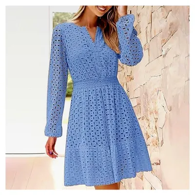 Produktbild von Damen Sommerkleid Langarm A-Linie Minikleid Freizeitkleid Spitzenkleid Elegant Strandkleid Partykleid mit Aushöhlungen Ösen Stickerei Rüschen Swingkleid Strickkleid