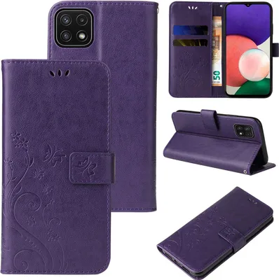 A collage of images showing a purple floral butterfly embossed flip case for a Samsung Galaxy A22 5G phone.