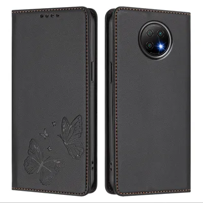 Obrázek produktu pro Kožené pouzdro pro Xiaomi Redmi Note 9T, motýlí ražbou, peněženkové flip pouzdro se stojánkem Černá