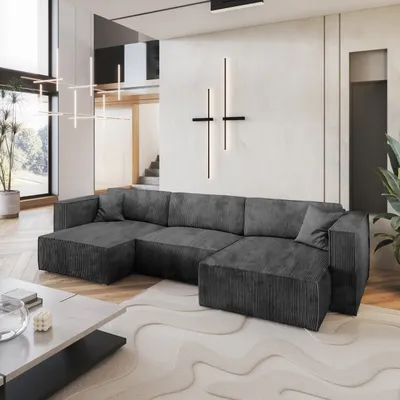 Produktbild von Masseno Ecksofa SARMO P mit Schlaffunktion U-Form, Sofa mit Bettkasten, Wohnzimmersofa, Couch, Soffa, Bettsofa, Couchgarnitur- Grau, POSO 34