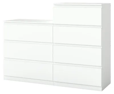 Image de Commode blanche avec 7 tiroirs (lot de 3+4), meuble de rangement avec tiroirs pour salon ou entrée