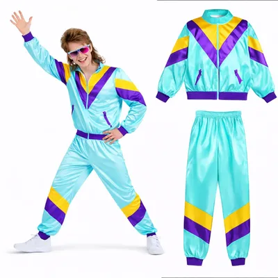 Obrázok produktu pre 80. a 90. roky Joggingový oblek Overal - Retro Bad Taste Tréningový oblek Outfit - Pánsky a dámske na fašiangy a karneval (modrý, L/XL)