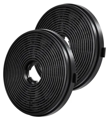 Two black circular carbon filters are shown against a white background.