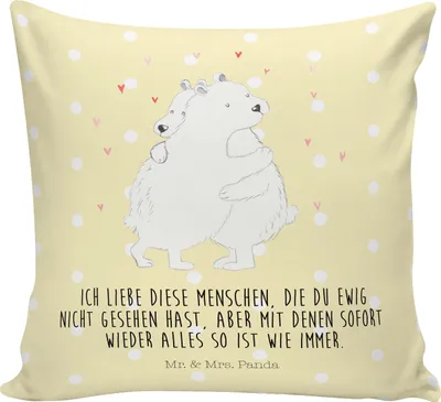 Produktbild von Mr. & Mrs. Panda Kissen 40x40 Eisbär Umarmen - Gelb Pastell - Geschenk, für sofa, kuschelkissen, Lustige Sprüche, Sofakissen, Dekokissen, Polster, Kuschel
