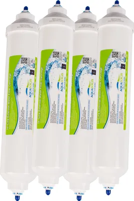 Four water filter cartridges are arranged in a row against a white background.