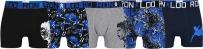 A collage of five CR7 boxer shorts for boys, each featuring different designs and the Cristiano Ronaldo logo.