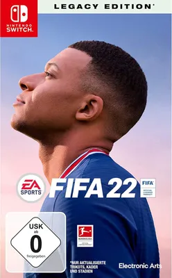 Cover art for the video game FIFA 22 Legacy Edition on Nintendo Switch, featuring a close-up of a soccer player.