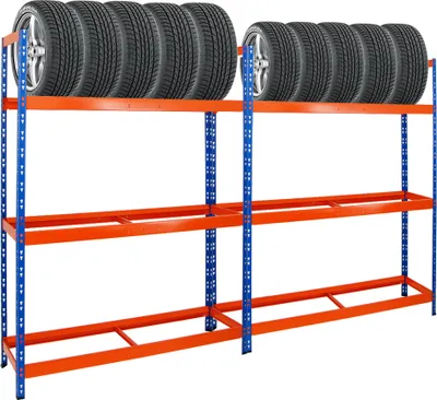 Produktbild von Mega Deal | 2x Reifenregal Tiger XL | HxBxT 200x150x45 cm | 300kg Fachlast | bis zu 36 Reifen | Blau-Orange