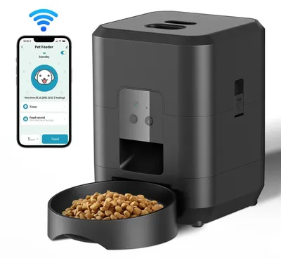 Produktbild von WLAN/WiFi Futterautomat für Katzen - Automatischer Trockenfutterspender - Zeitgesteuert - Doppelte Stromversorgung - Batterie inklusive - Schwarz