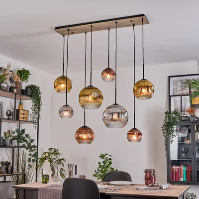 Produktbild von Villamare Hängelampe Metall/Holz/Riffelglas, Natur/Chrom/Rauch/Kupfer/Gold/Klar