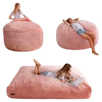 Produktbild von Sitzsack-Bett – wandelbar von Sitzsack-Sessel zu Bett – Schaumstoff-Sofa mit zotteligem Bezug und flauschiger Füllung für Erwachsene, Jugendliche, Gäste (Rosa, 150x200 cm)