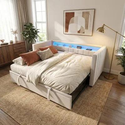 Produktbild von LVHOM Tagesbett ausziehbar 90/180x190cm mit Stauraum und LED, Schlafsofa mit Auziehbett, Samt Daybed mit USB und Lattenrost, Daybett, Beige
