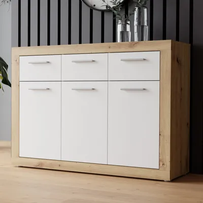 Produktbild von Forte BACCIO Kommode 110 120, moderne Kommode für Wohn-/Schlafzimmer, 3-türig, 3 Schubladen, Holzwerkstoff, Artisan Eiche Holzdekor|Weiß, 117,9 cm breit x 91,5 cm hoch x 34 cm tief