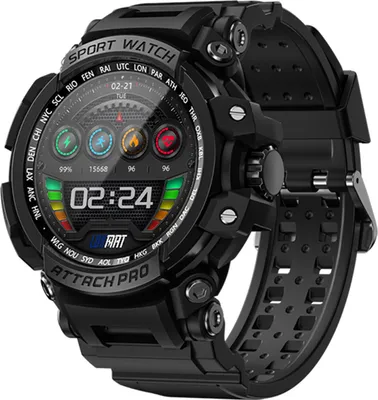 A black smartwatch with a digital display showing time, date, and fitness metrics.