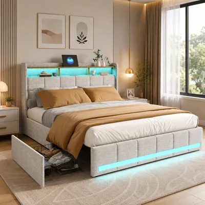 Obrázek produktu pro Postel INONEFT, rozměr 140x190 cm, čalouněná, s LED osvětlením a USB porty, jednolůžko/mládežnická postel se 4 zásuvkami a 3 úložnými prostory, materiál: len, barva: béžová, Obrázek vytvořený pomocí AI