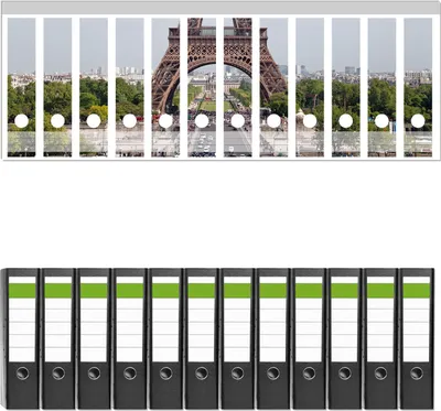 Produktbild von Wallario 12 Stück breite Ordner inkl. Klebeetiketten mit Motive Eiffelturm in Paris -  Set mit Rückenschildern / Ordnerrücken Stickern