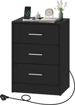 Produktbild von WOLTU Nachttisch, Beistelltisch mit Ladefunktion, Steckdose, 3 Schubladen, Modern, Schwarz