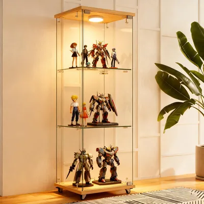 Produktbild von MODFU Glasvitrine eintüriges dreistufiges Design Bücherregal aus gehärtetem Glas mit LED-Beleuchtung Vitrine Naturholzoptik Geeignet für Arbeitszimmer oder Wohnzimmer Natur