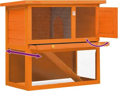 An orange wooden rabbit hutch with two levels and wire mesh doors.
