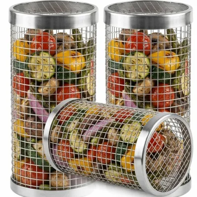 Produktbild von Grillkorb Edelstahl rund 20 x 9 cm – Grillschale Zylinder Grillnetz für Gemüse, Fisch & BBQ, spülmaschinenfest, Grillzubehör — 3 Stück