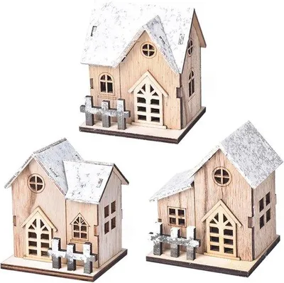 Produktbild von Weihnachtsdorf Haus Dekoration - Rustikales Haus - Festliche Atmosphäre - mit Licht - 3 Stück - Holzfarbe