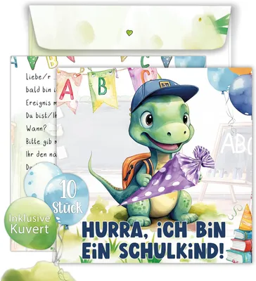 Produktbild von Set von 10 Einladungskarten, süßes Dino-Design, für Jungen und Mädchen, erster Schultag, mit Umschlägen